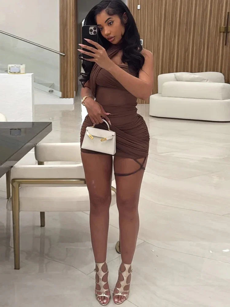Leosoxs See Through Sexy Dress Women Y2K Cross Bandage Backless Halter Sleeveless Summer Trend Midnight Clubwear Mini Bodycon
