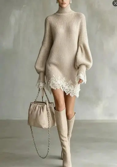 2026 Women's Knitted Lace Splice Mini Dress Elegant Turtleneck Solid Fashionable Spring Autumn Vintage Casual Retro Loose Dress