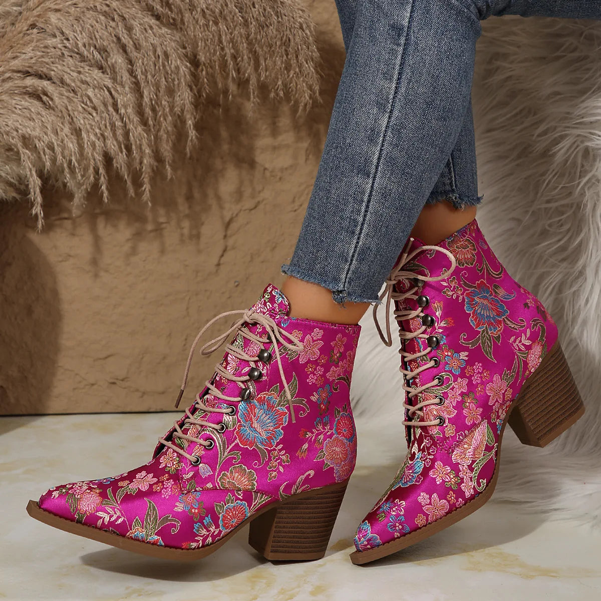 Ethnic Pointed-Toe Ankle Boots for Women Embroidered Platform Heels Fashion Spring Winter Ladies Shoes Botas