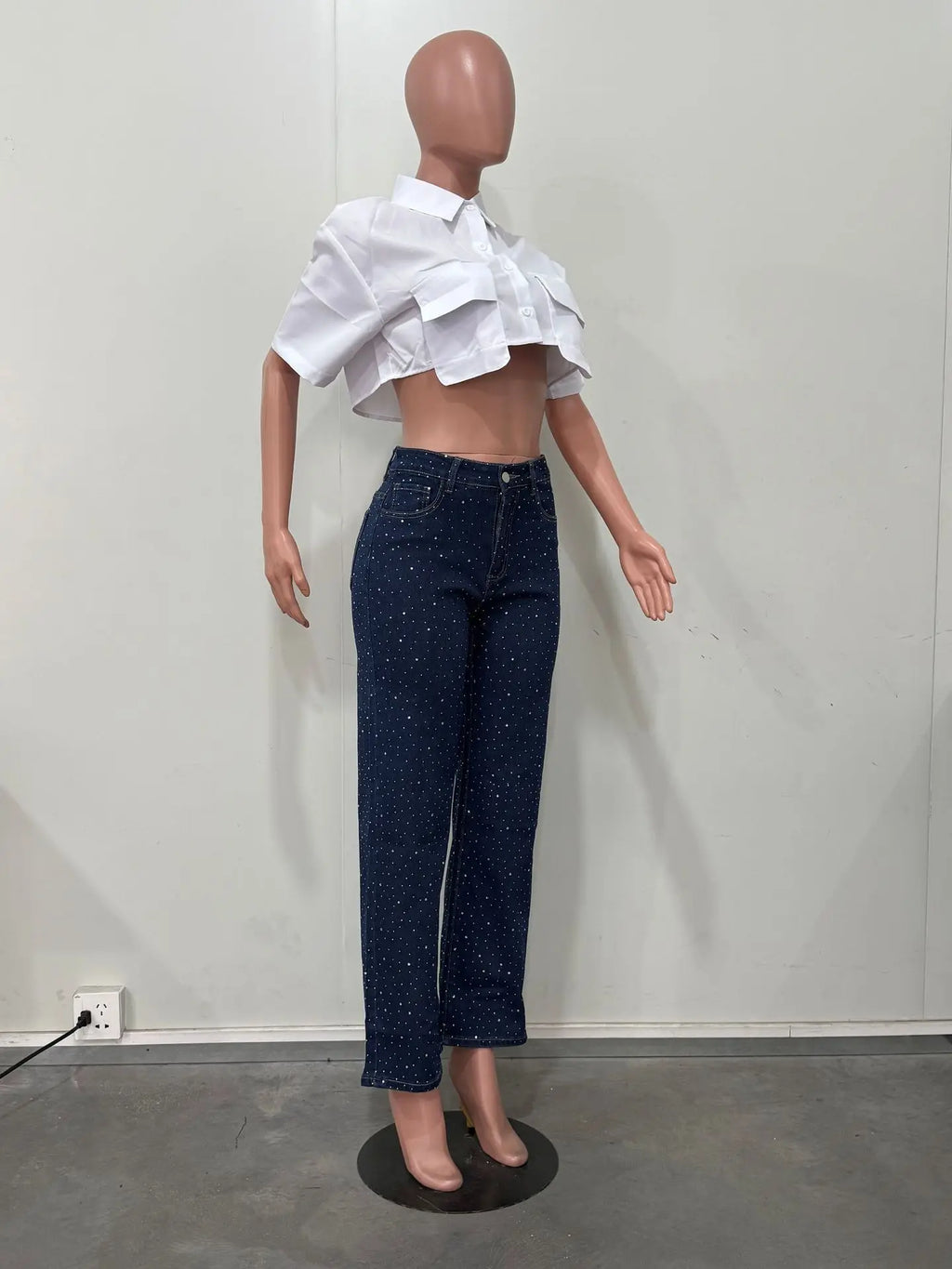 Shiny Rhinestone Jeans Pants Sexy Women High Waist Elegant Night Club Diamonds Denim Straight Trousers