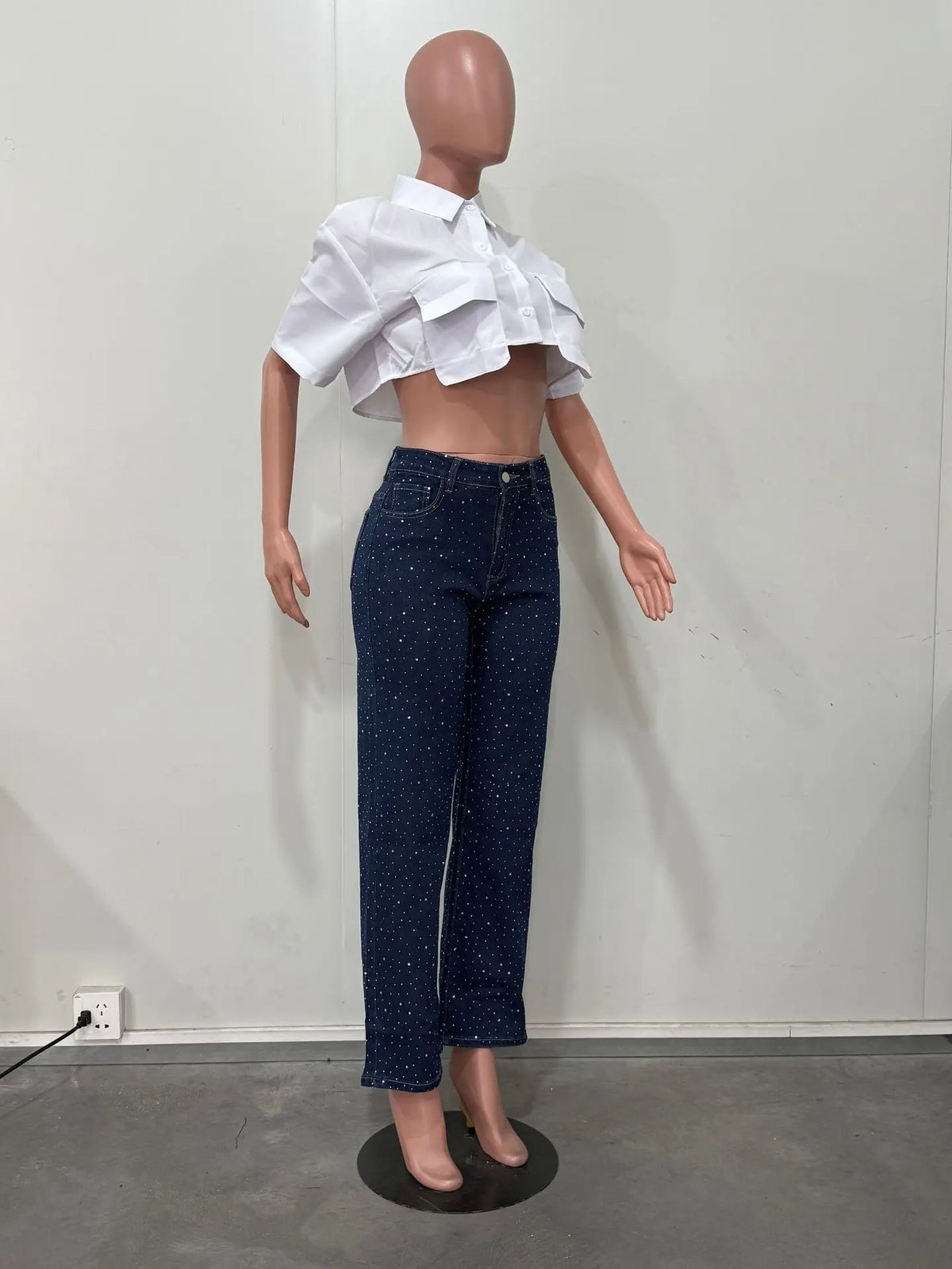 Shiny Rhinestone Jeans Pants Sexy Women High Waist Elegant Night Club Diamonds Denim Straight Trousers