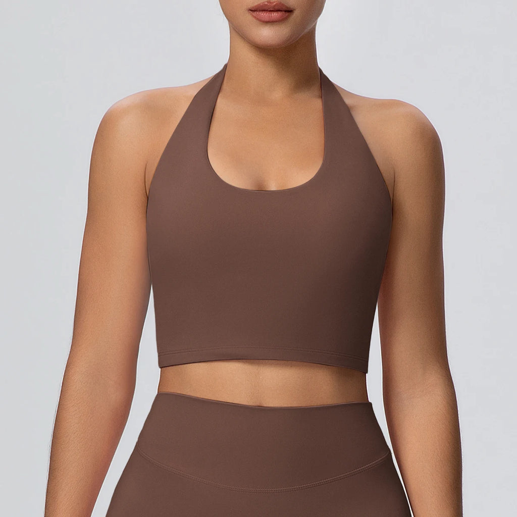 Woman Solid Color Sexy Neck Strap Bra Yoga Underwear With Chest Pad Backless Gather Shockproof Gym Workout Top Sports Yoga Bra