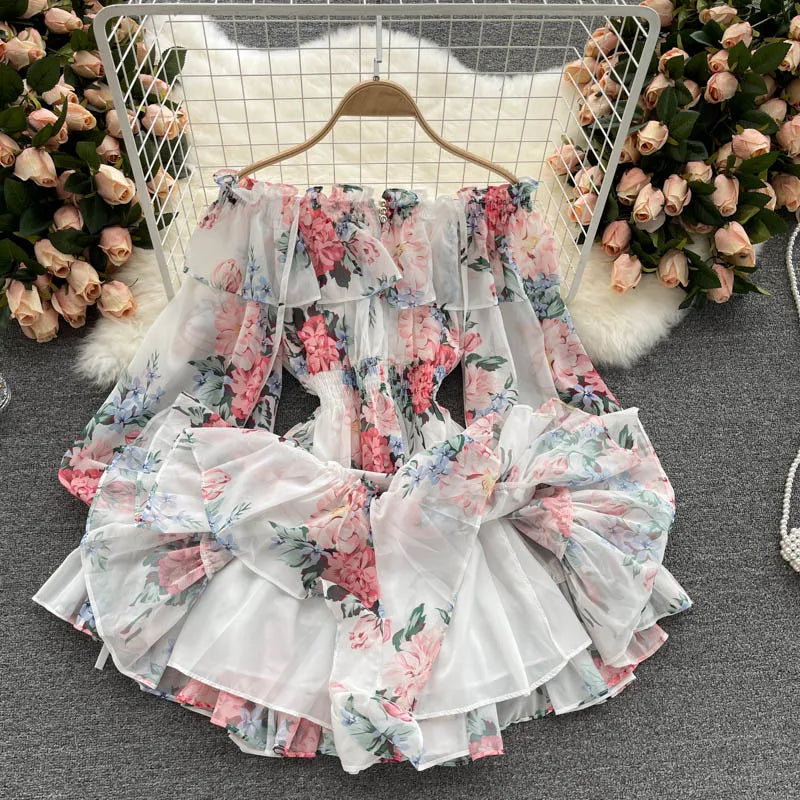 2025 New Retro Summer Beach Vacation Dress Women Sexy Strapless Lantern Sleeve Sweet Floral Jumpsuit Short Chiffon Print Dresses