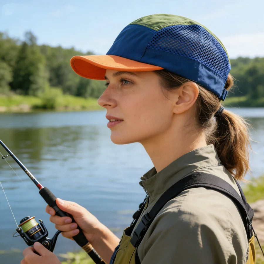 Retro Color-Blocked Breathable Quick-Dry Flat-Brimmed Hat with Adjustable Mesh Fabric, Suitable for Both Men and Women, Ideal for Outdoor Activities Like Hiking, Running, Camping, and Daily Commuting