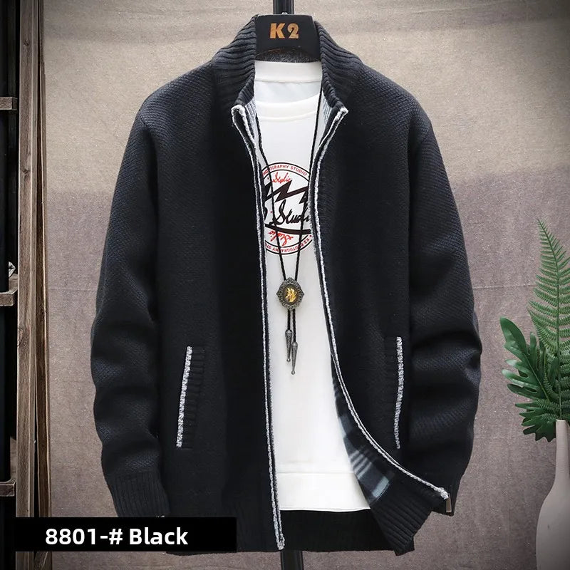 Men's Knitted Sweater Cardigan Thickened Fleece Hooded Casual Style Warm Outerwear Autumn Winter New Arrival Korean Version