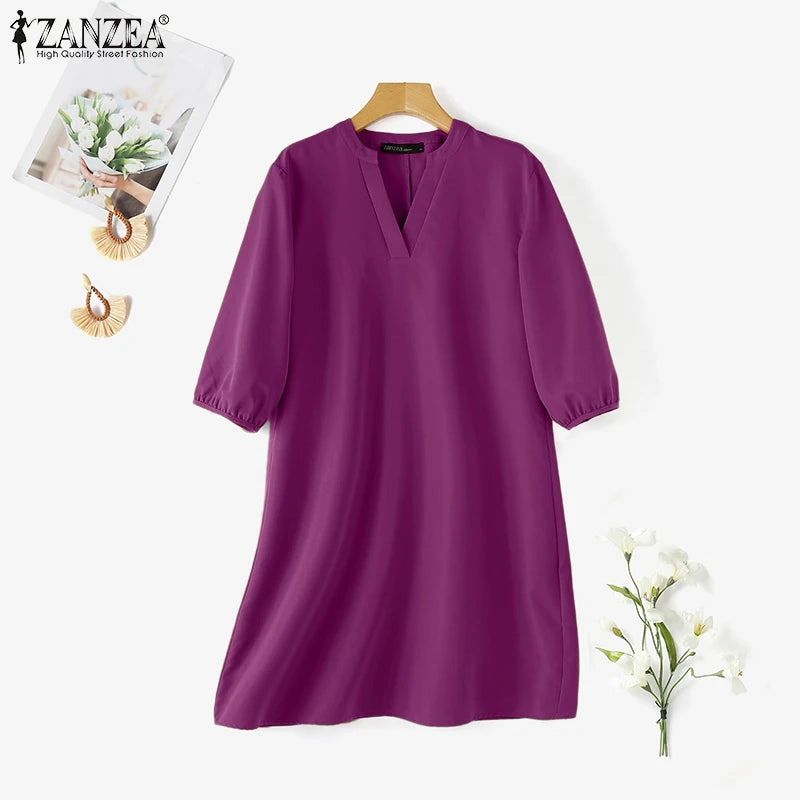 2025 ZANZEA Fashion Women V Neck 3/4 Sleeve Dress Autumn Sundress Elegant Solid OL Work Dresses Casual A Line Loose Vestido Robe