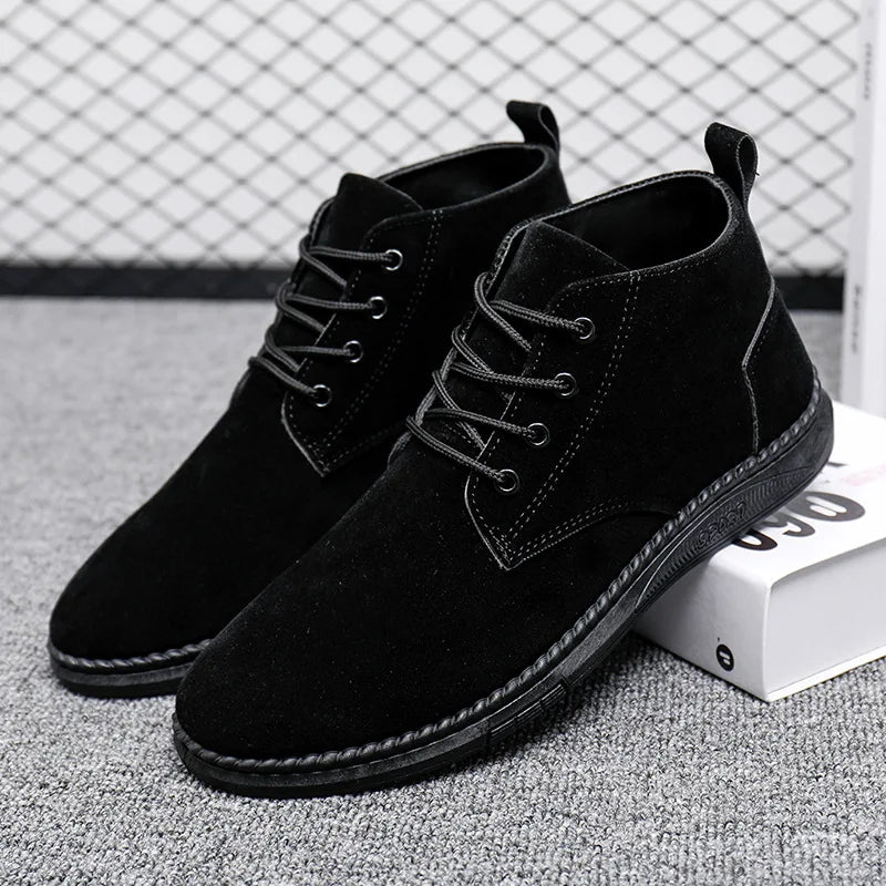 High Top Casual Grey Suede Shoes Men's Lace Up Black Flat Bottom Short Boots Men's Chelsea Boots High-quality Brand Denim Boots