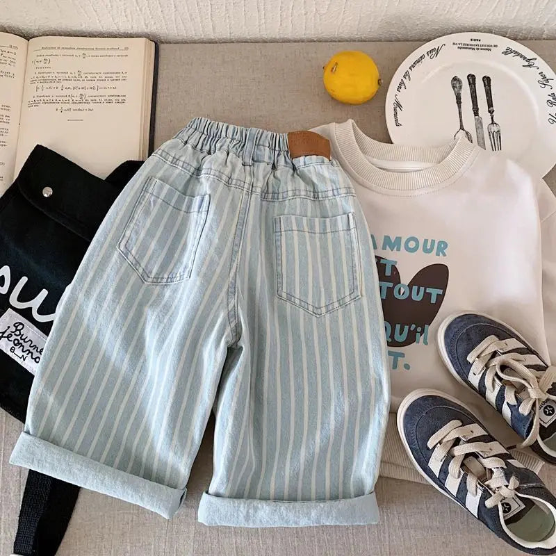 Children's Cotton Soft Retro Stripe Jeans Spring and Autumn Boys and Girls' Casual Loose Straight Pants 80-130cm
