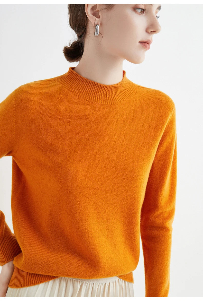 First-Line Seamless Women's Half-Turtleneck 100% Pure Wool Sweater Solid Color Long Sleeve Pullover Knitted Bottoming Sweater