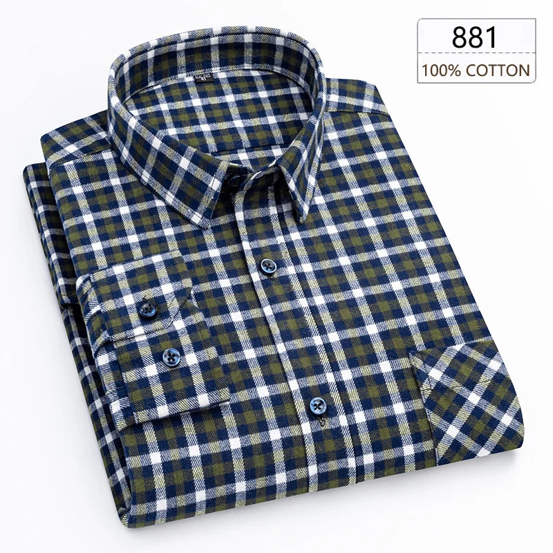 Men's Winter Chic Long Sleeve Shirt Cotton Flannel Plaid Button-Up Comfortable Warm Top for Business Casual Dress Shirts New