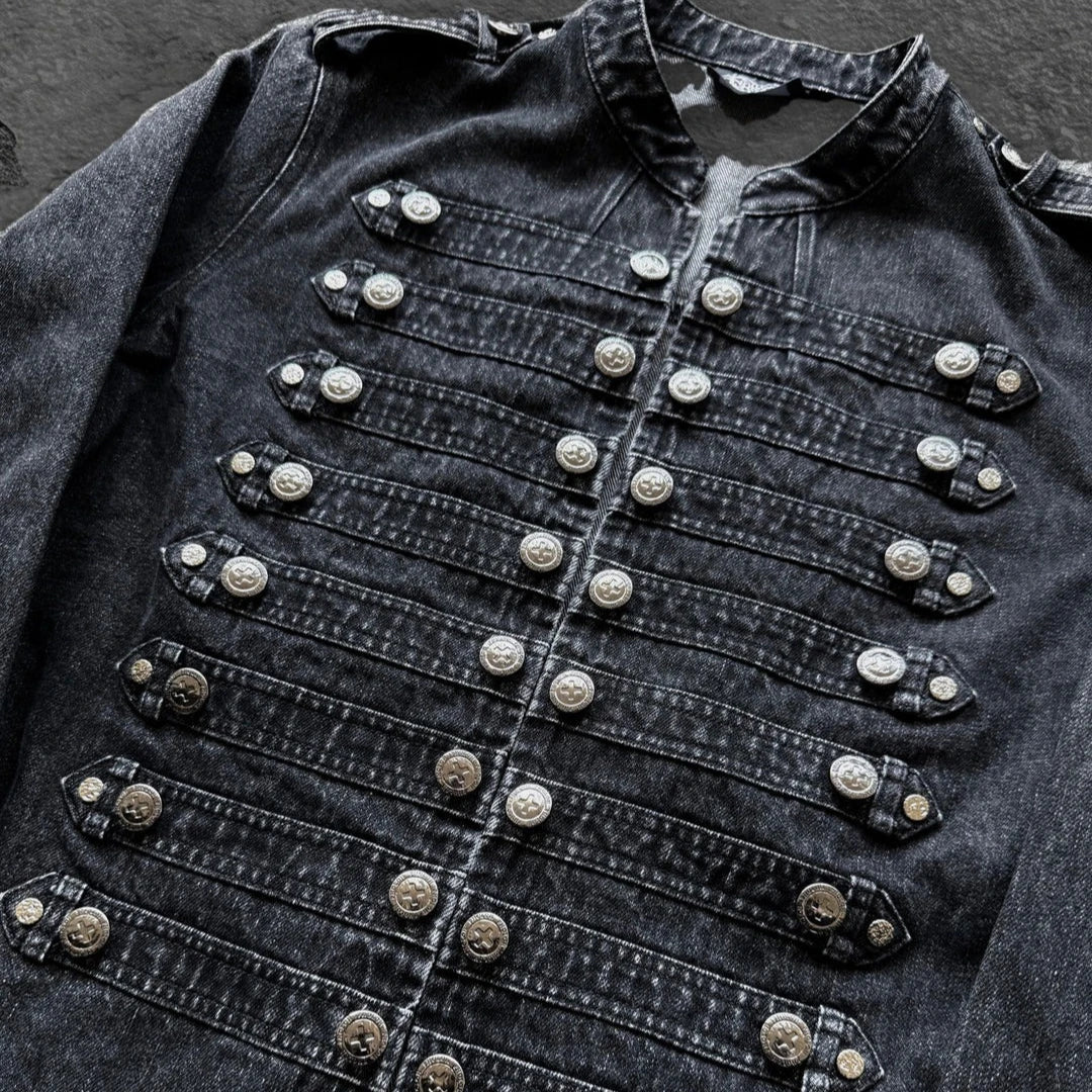 Gothic Motorcycle Denim Jacket Men American Retro Washed Multi Breasted Slim Fit Jacket Y2K High Street Unisex Punk Streetwear