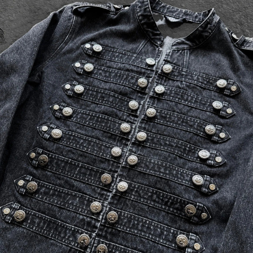 Gothic Motorcycle Denim Jacket Men American Retro Washed Multi Breasted Slim Fit Jacket Y2K High Street Unisex Punk Streetwear