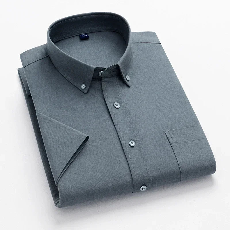 2025 100% Pure Cotton Men's Oxford Short Sleeve Square Collar Soild Plaid Striped Summer Casual Shirts Single Pocket  Shirt