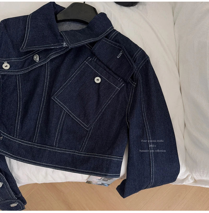 Vintage Wash Denim 2 Piece Sets Women Long Sleeve Crop Top Zipper Jacket and A-Line Mini Skirts Suits Streetwear Jeans Outfits