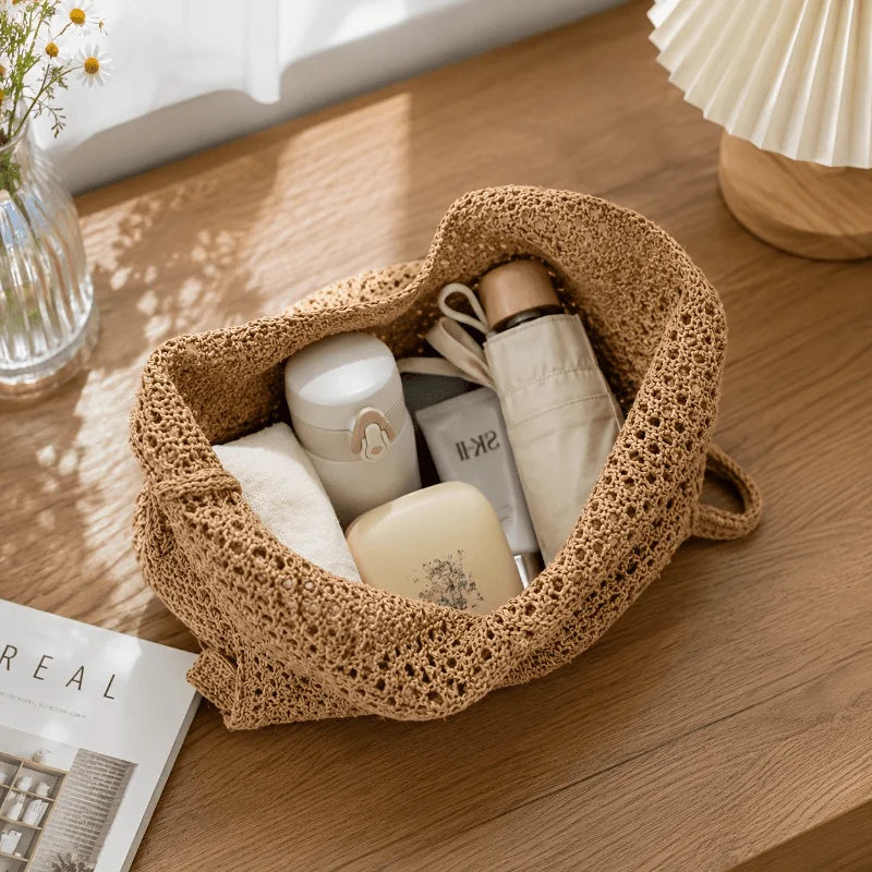 Women Large‑Capacity Woven Tote Bag, Light Breathable Open‑Top Shoulder Handbag for Beach Travel Shopping Commute Daily Use