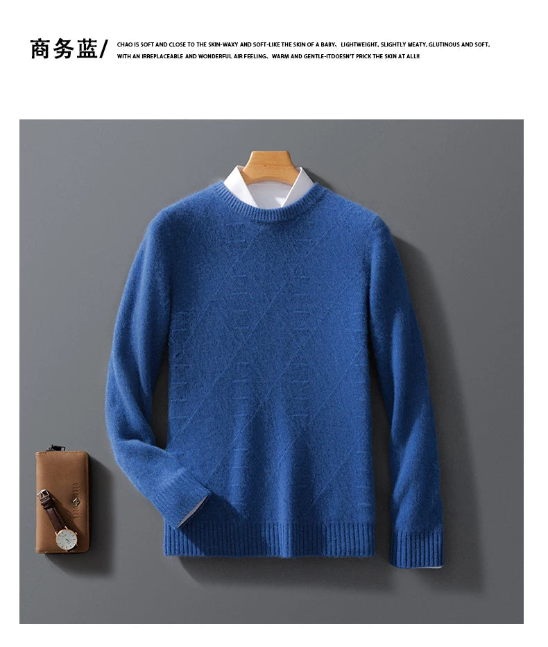 ATTYYWS  100% Merino wool men's pullover O-neck sweater casual knitted solid color autumn and winter men's new wool sweater