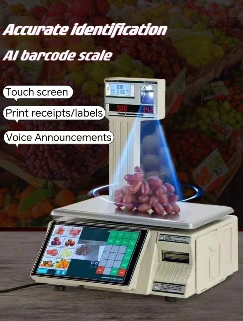 Dual Touch Screen Long Fly Label Scale Digital Weighing POS Terminal Android AI Identify Label Scale for Supermarket