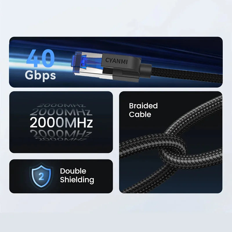 CYANMI Cat 8 Ethernet Cable 2000MHz 40Gbps High-Speed Nylon Braided RJ45 Network LAN Patch Cord for Indoor And Outdoor Use