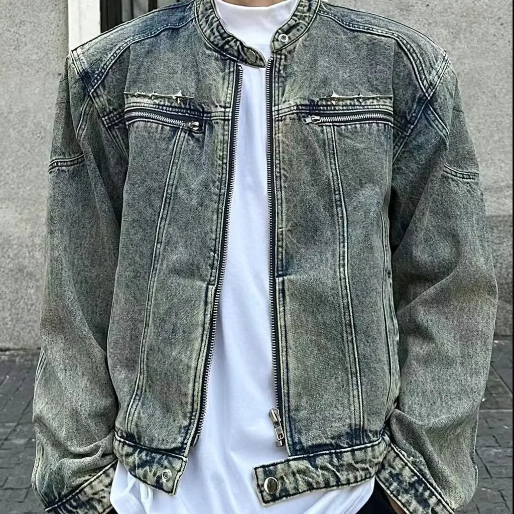 American Vintage Washed Cropped Denim Jacket, Metal Collarless Jacket For Men