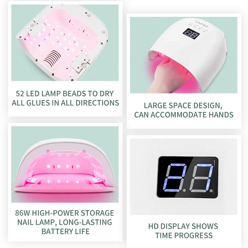 86W Lamp for Manicure Rechargeable Cordless Sun UV LED Lamp Nail Dryer For Curing All Gels 52 LEDs Light with LCD Timer Sensor