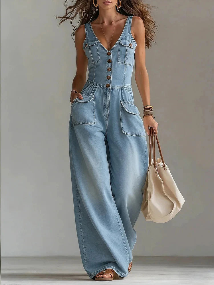 Retro Solid V Neck Camisole Playsuit Summer Streetwear High Waist Denim Jumpsuit Fashion Sleeveless Button Wide Leg Pants Romper