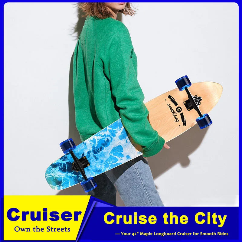 42 Inch Longboard Skateboard Complete Cruiser Single Kicktail Maple Wood for Adults Teens Beginners Dancing Street Sports