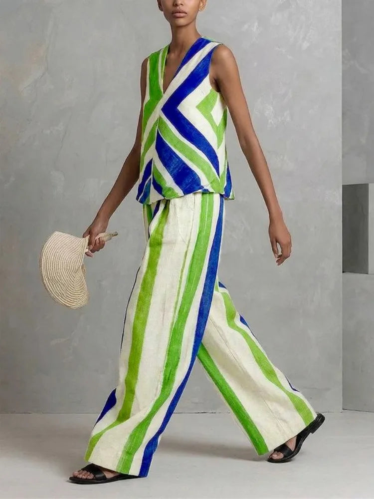 UOOZEE 2026 New Boho Vacation 2 Piece Set Women Fashion Contrast Color Striped V-Neck Tank & Elastic High Waist Wide Leg Pants