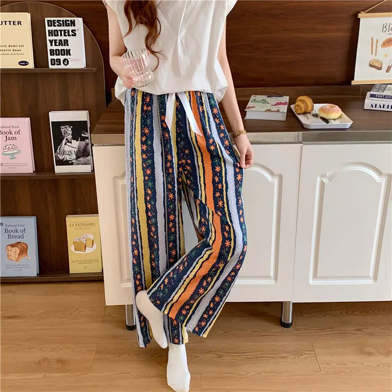2025 Summer Sleeping Pants Women Thin Bottoms Spring Large Size Home Wear Pants Pajamas Flower Print Loose Cute Beach Trousers