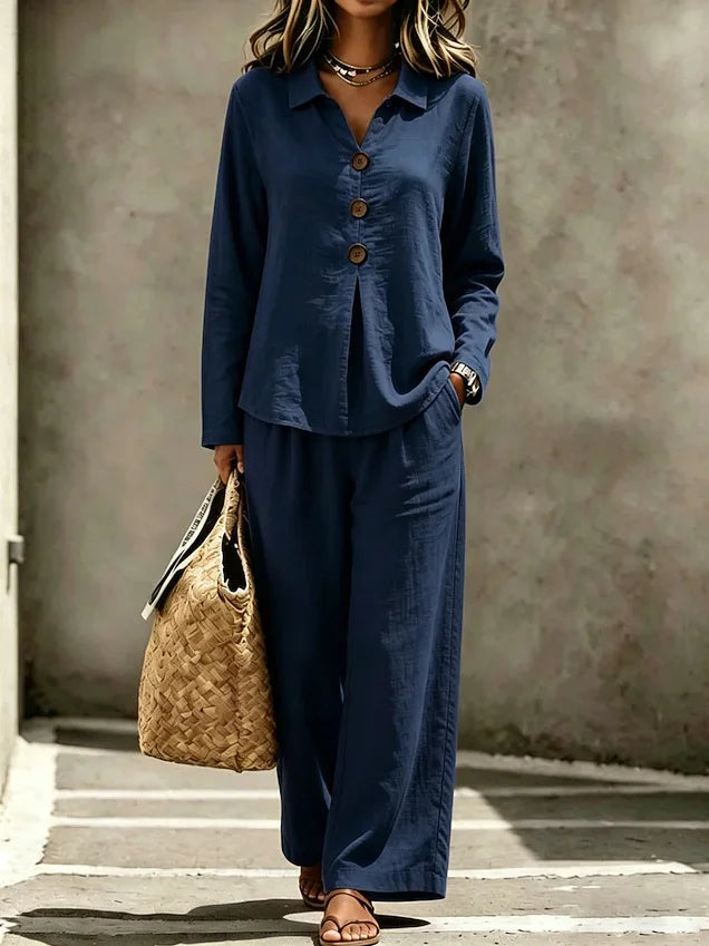 Women Solid Casual Two-piece Sets Autumn Lapel V-neck Button Long Sleeve Shirt Top & Wide-leg Pants Suit 2026 Commuting Outfits