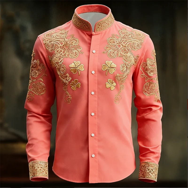 New Men's Floral Long Sleeved Shirt with Gold 3D Clover Print, Fashionable and Luxurious Long Sleeved Shirt Top