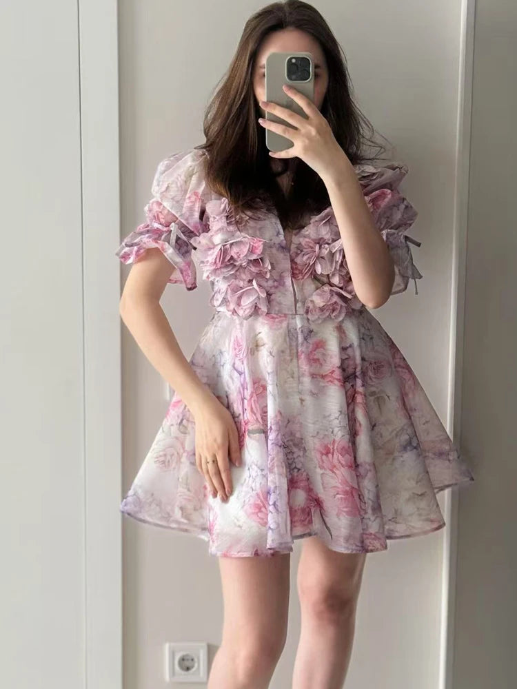 FSMG Sweet Pink 3D Flower Big Puff Sleeve V Neck Dress Fashion French Style High Waist A-line Mini Sexy Short Skirt Evening Robe