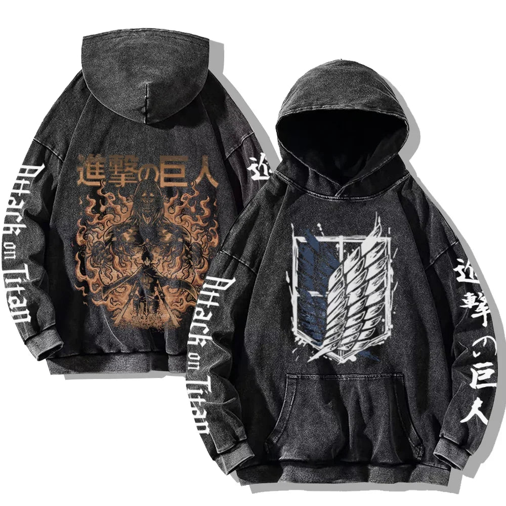 Vintage Washed Men's Hoodies Shield Print Hooded Sweatshirt Hip Hop Streetwear Y2K Hooded Pullover Y2K Loose Casual Tops