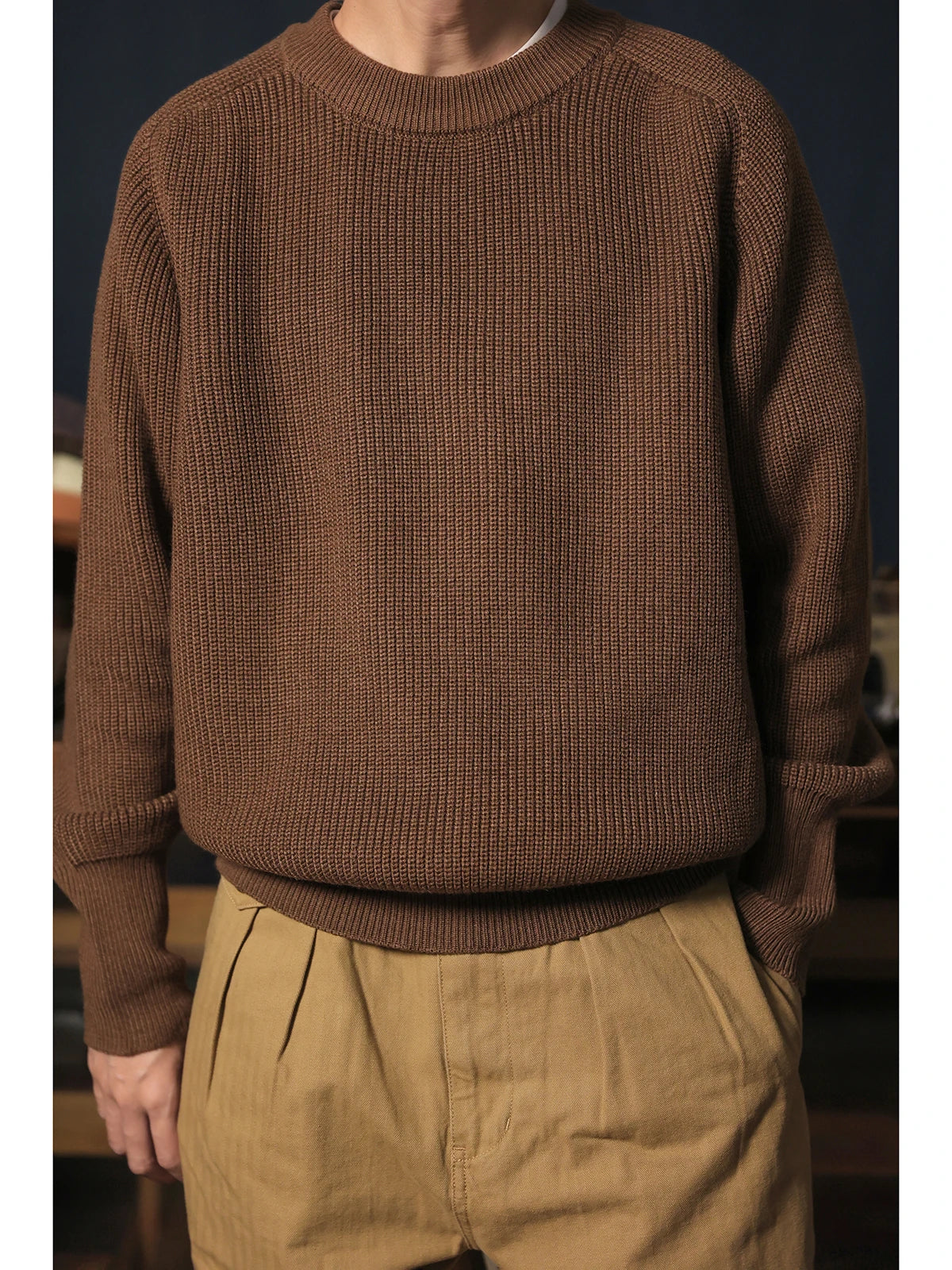 Classic Raglan Sleeve Crewneck Sweater Vintage Style Men's Wool Blend Knitted Pullover Jumper Thick