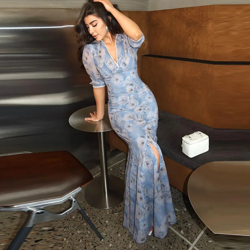 Elegant Print Women Long Dress Chic Ruffle Pleated Short Sleeve V-neck Waist-Closed Female Dresses 2026 Summer Beach Lady Robe