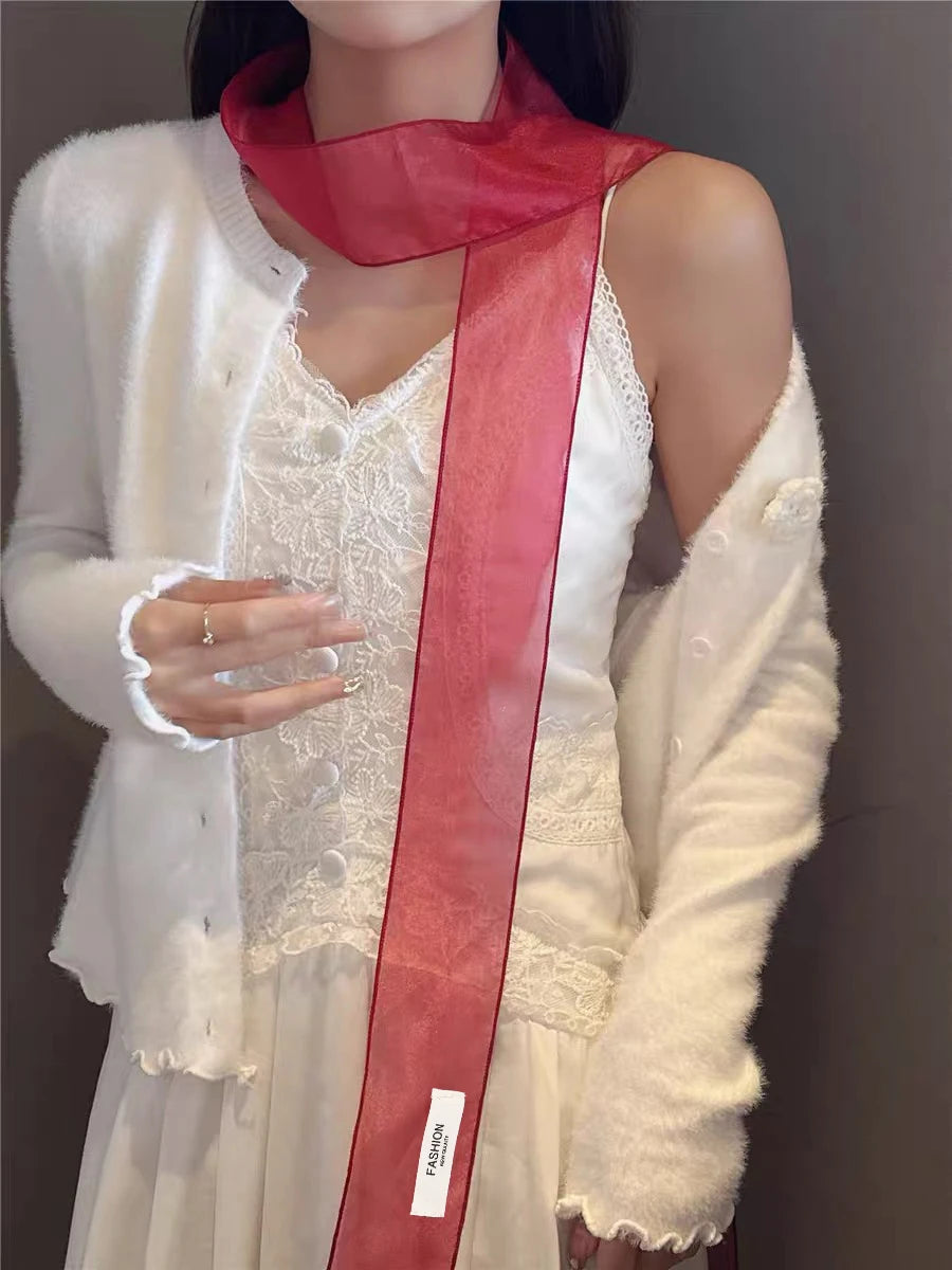 AWAYTR  Long Women Lace Floral Hair Scarf Elegant Embroidery Ribbon Scarves Lady Wrist Headbands Skinny Neckerchief Headwear