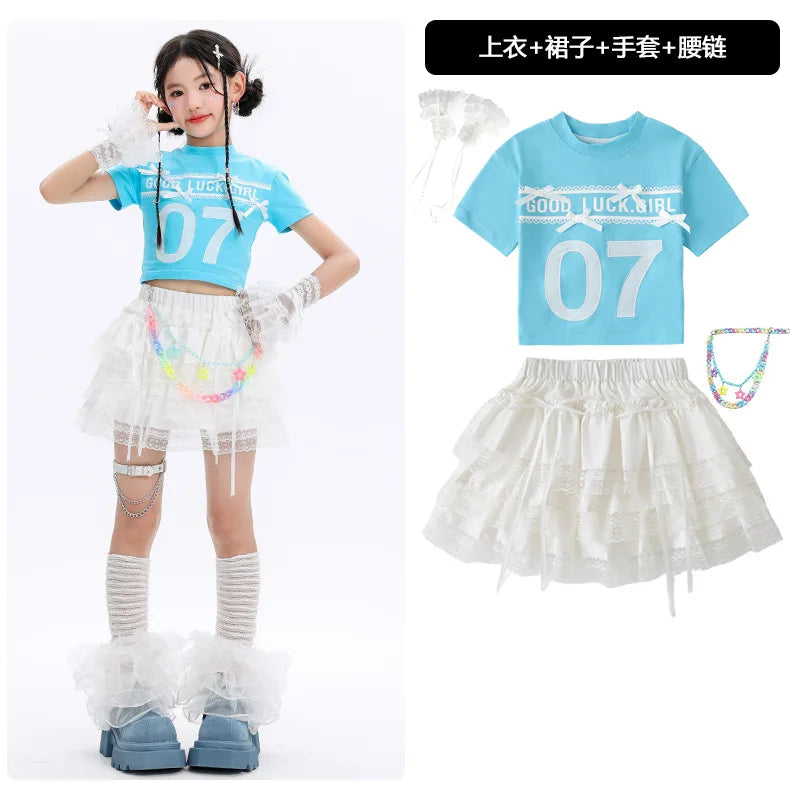 Kid Cute Hip Hop Clothing BLue Crop T Shirt Sleeves White Layered Lace Pleated Mini Skirt for Girls Jazz Dance Costume Clothes