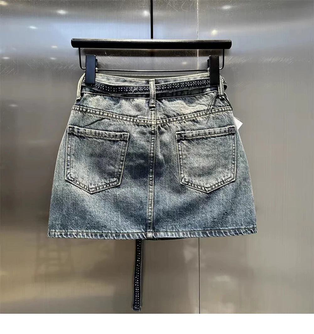 Oversize Retro Diamond Denim Mini Skirt for Women Summer High Waist Shiny Rivet Slim Skirts Gradient Black Grey Jean Skirts