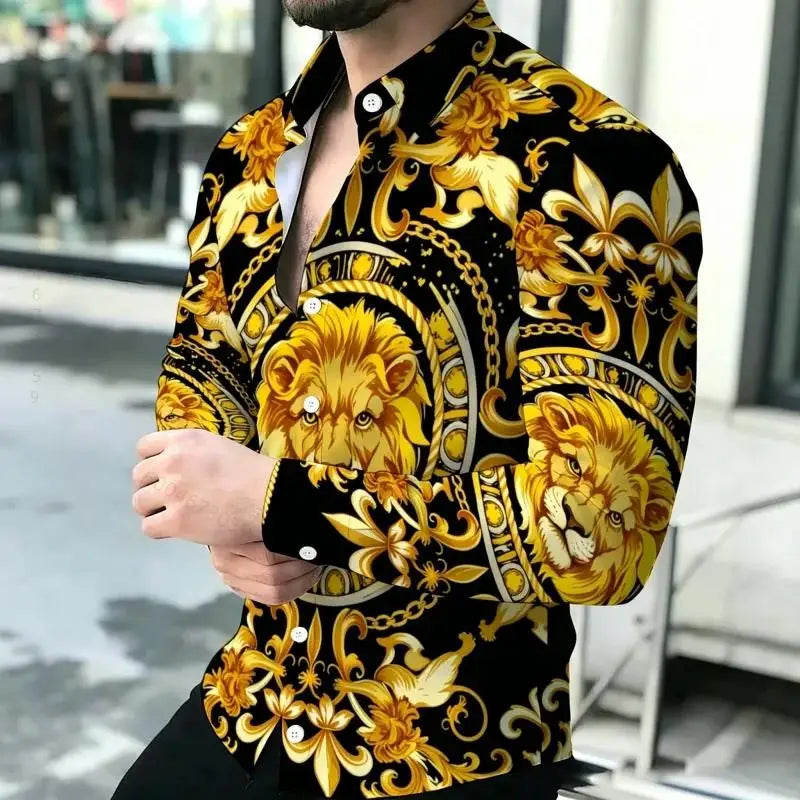 Men Long Sleeve Button Down Shirt Vintage Art Pattern Print Casual Daily Festival Outfit For