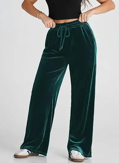 Women's High Waist Velvet Wide Leg Pants Drawstring Elastic Waist Loose Casual Trousers Autumn Winter Solid Color Long Pants B