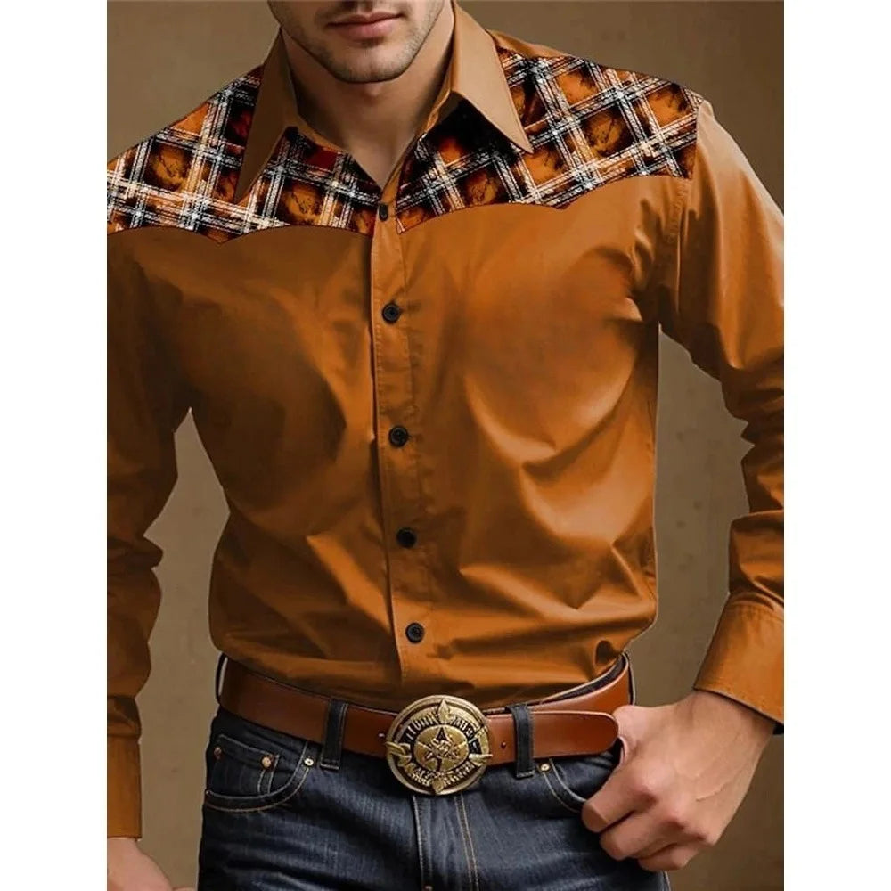 Versatile And Elegant Men's Elastic Face Printed Shirt Casual Lapel,easy To Care For Spring And Fall, Perfect For Every Occasion