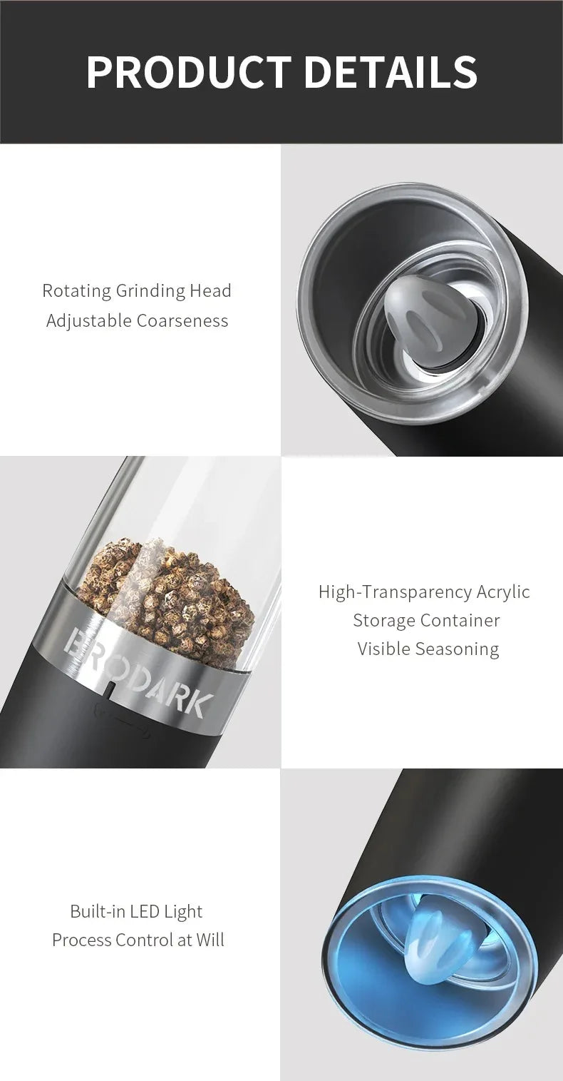 Electric Pepper Grinder Stainless Steel Automatic Gravity Shaker Salt Pepper Grinder Spice Mills Grinding Tools Kitchen Gadgets