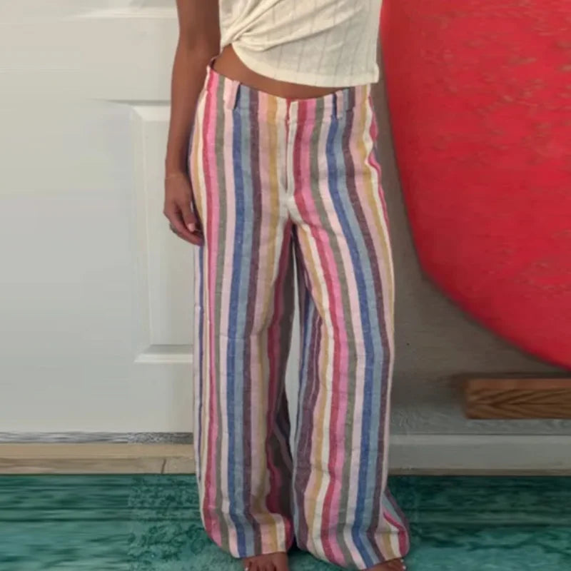 Casual Women's Red Striped Pants Button Zipper Double Pockets Straight Straight Leg Trouser 2026 Spring Summer Fashion Lady Pant