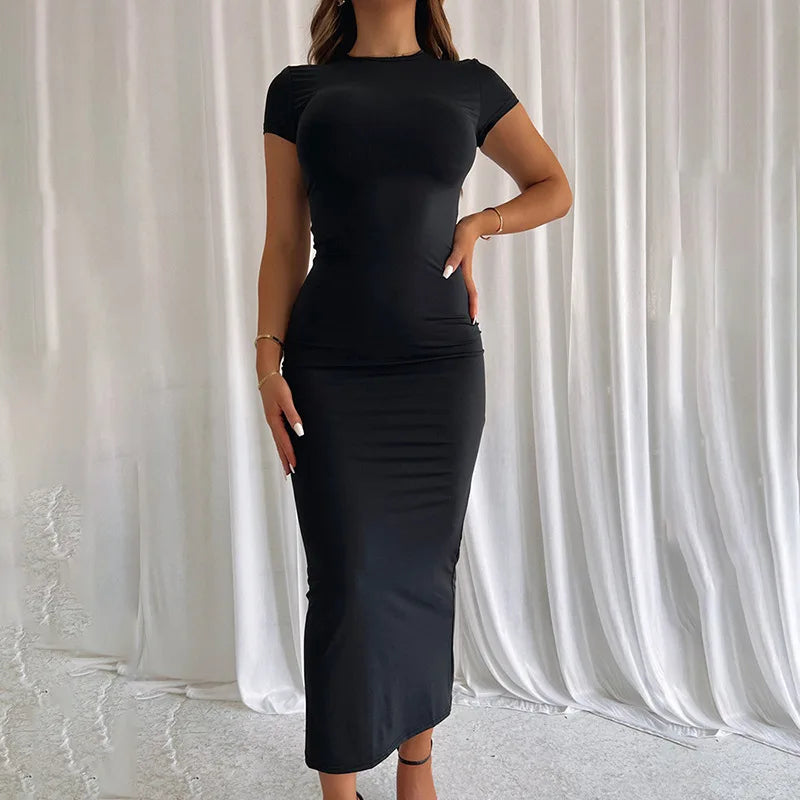 2025 Women Solid Color Slim Short Sleeve Casual Pullover Sumer Long Dress Skinny Sexy Daily Dress