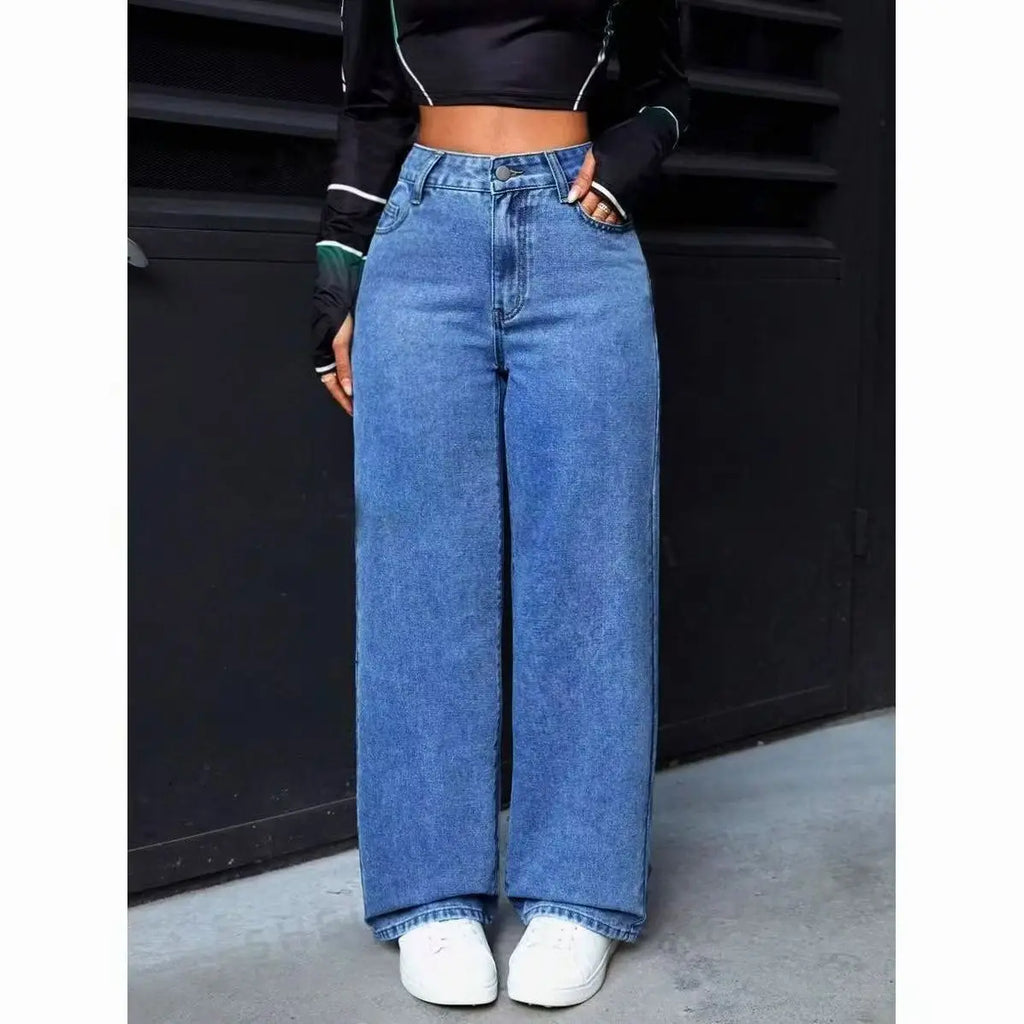 High-Waisted Straight-Leg Jeans Women's Pants Loose Fit American Blue Washed Fashion with Front & Back Pockets Daily Casual Wear
