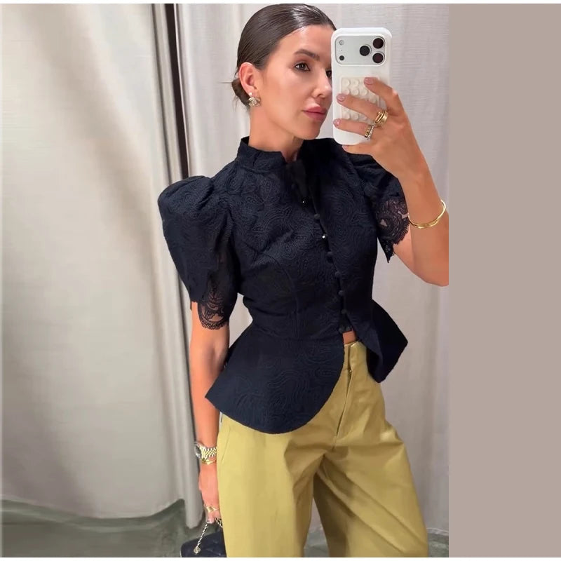 Lace Cutout Peplum Jacket Stand Collar Puff Sleeve Button Front Waist Cinched 2026 Summer Autumn Fashion Women Elegant Top
