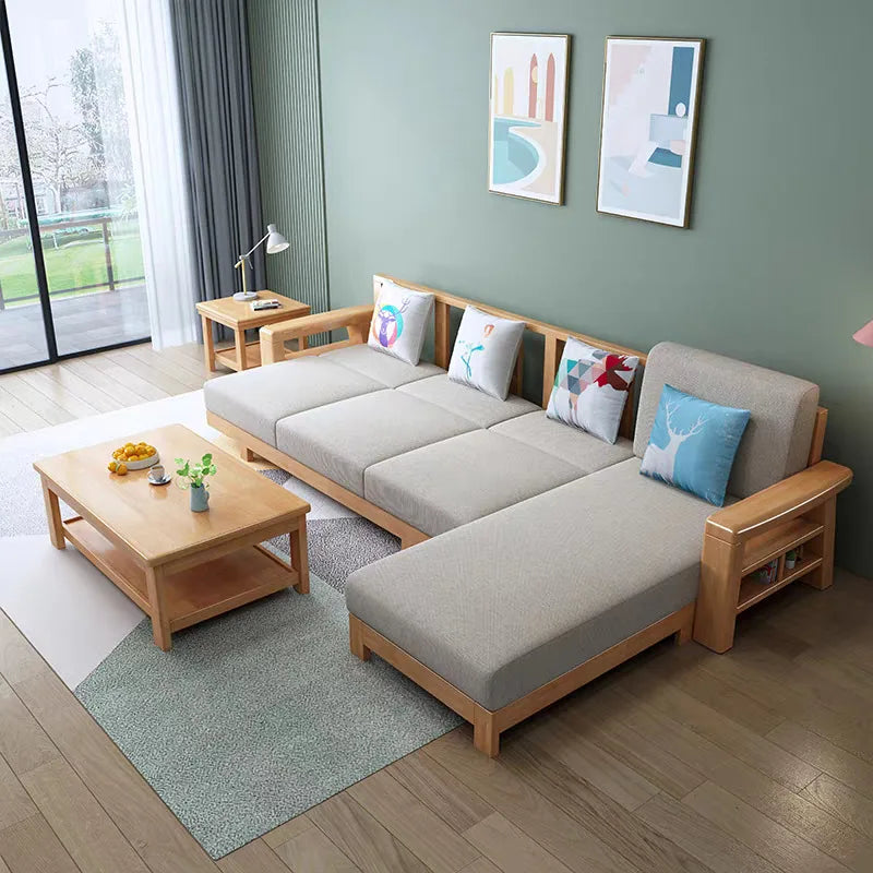 Combination household living room wood cloth winter and summer dual-purpose corner princess all rubber wood solid wood sofa