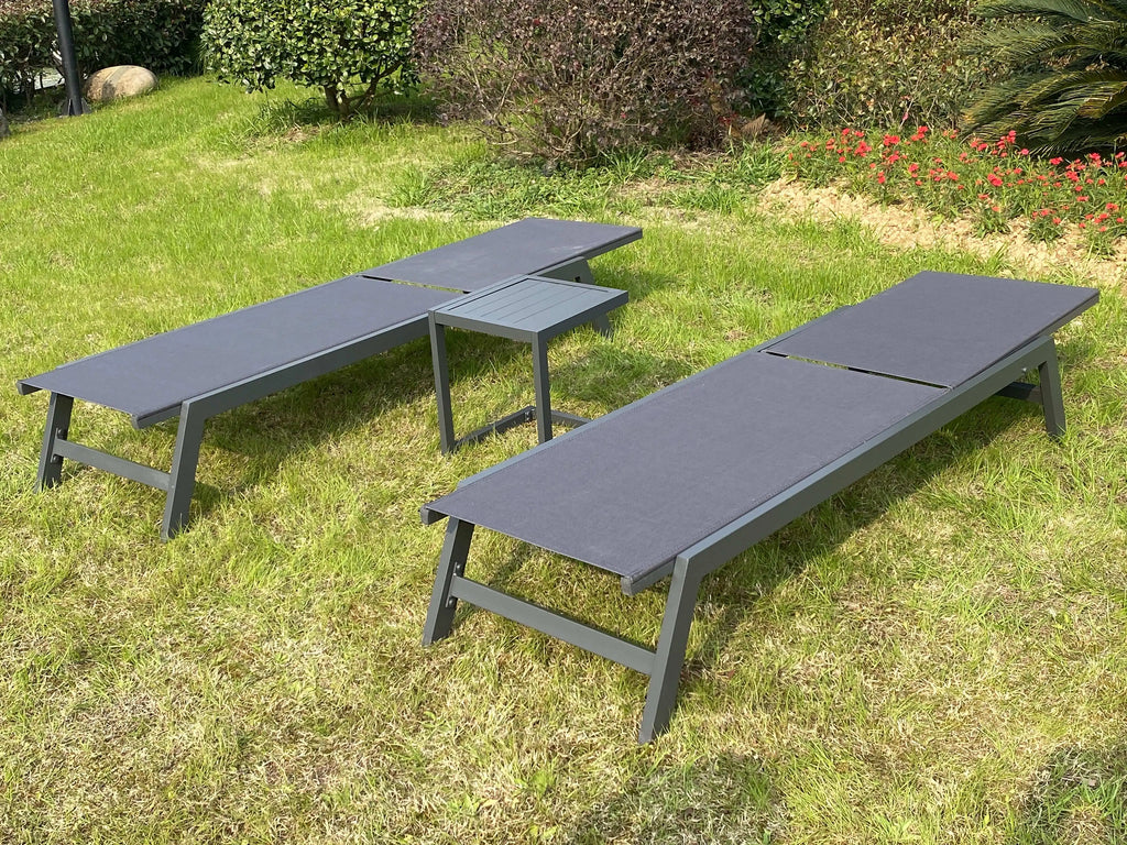 3PCS Aluminum Teslin Sun Lounger Set With Side Table Adjustable Backrest Outdoor Chaise Lounge Pool Garden Beach Hotel Sunbed