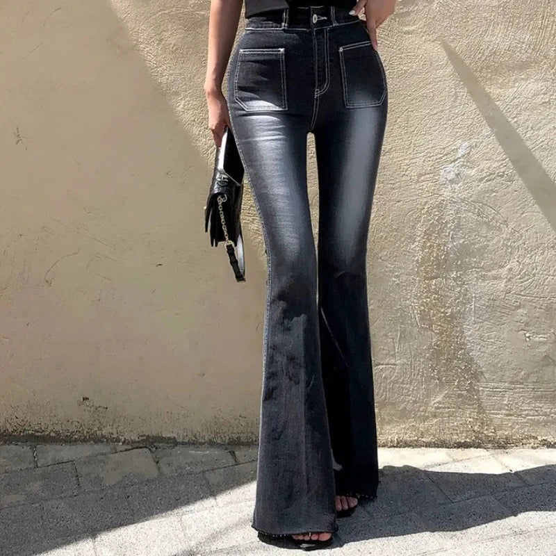 Women Denim Jeans Flare Slim Washed Autumn Winter New High Street Wide Leg Stright High Waist Trousers Long Pants Vintage Casual