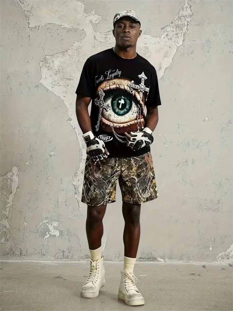 2026 New 3D Printed Skull Men's Casual Short-sleeved Top And Shorts, Daily Simple And Casual Versatile Men's 2pcs Set 2XS-6XL