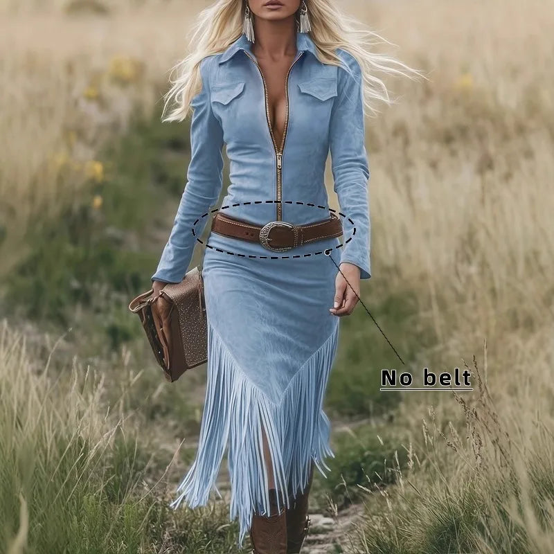 Denim Suede Fringed Slim Fitting Western Long Sleeved Dress